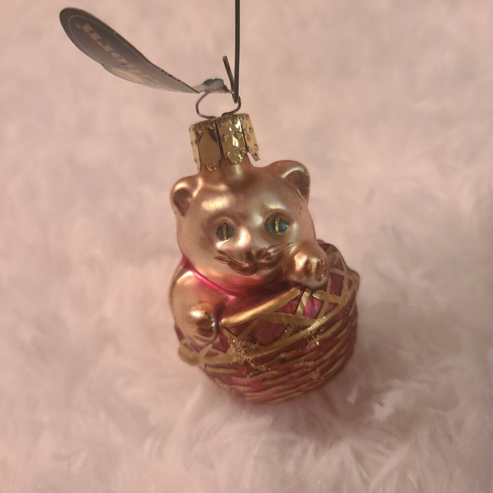 Vtg Glass Ornament Germany Christborn Rare Cat In Basket Old World Christmas